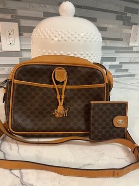Celine Brown and Tan Monogram Crossbody Messenger with Matching Wallet